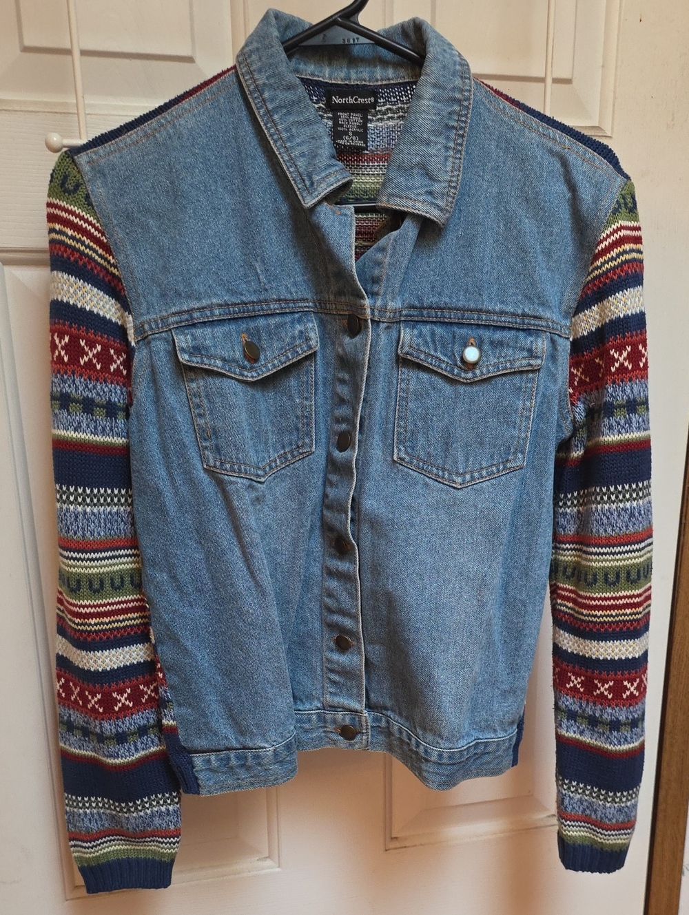 Northcrest Blue Denim Jacket with Multicolor Knit Sleeves